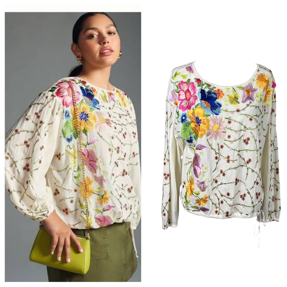 Tiny Anthropologie Lori Ivory Top With Colorful Floral Embroidery.